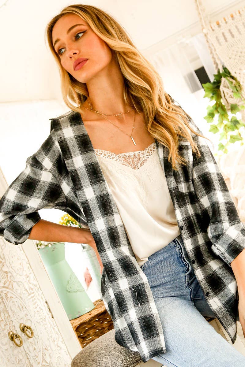 Vine & Love – wholesale Buttoned-down shirt – Women's – Checker Yarn Dye Plaid Print Shirt Top VT604559