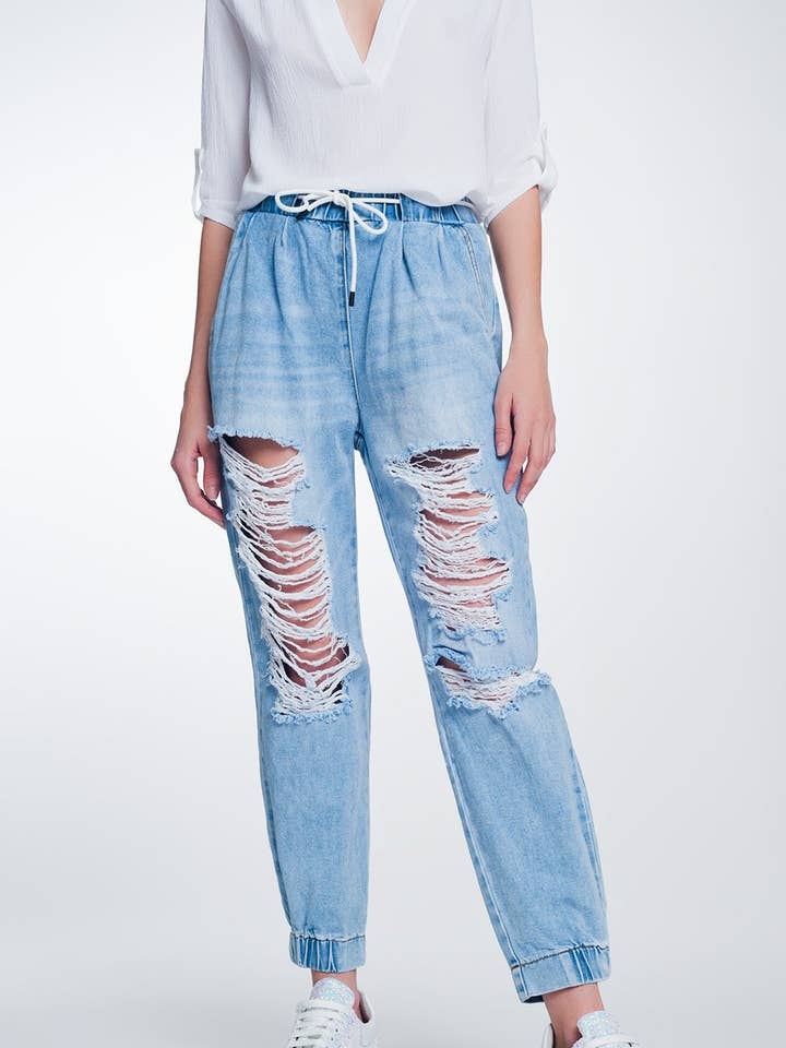 Stark zerrissene Boyfriend-Jeans in leichtem Denim für den Großhandel von Q2—All Orders:Free Duties for the US,UK,and Canada