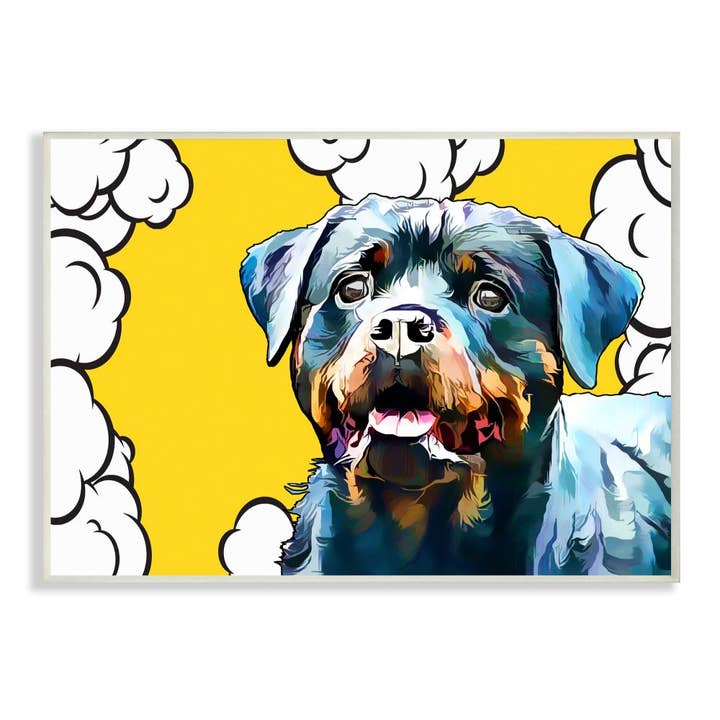 Stupell Industries - Wholesale Muurplakkaat - Vreedzame Rottweiler Hond over Pop Art Wolken Muur Plaquette Art