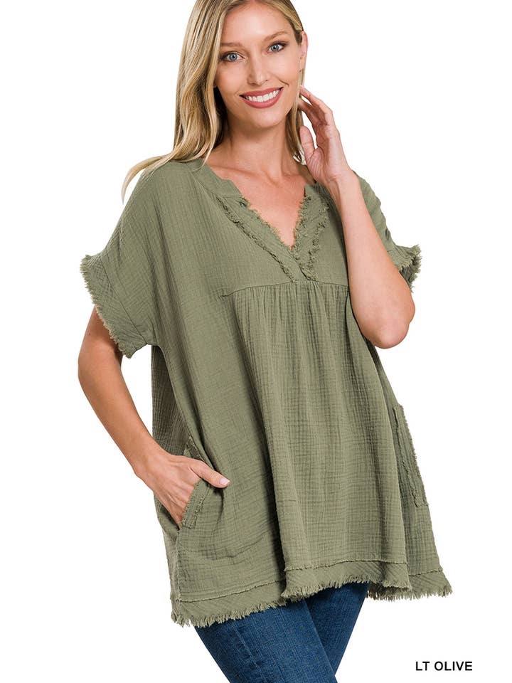 42POPS – wholesale Tunika - Dam – "Rå kant kortärmad V-ringad tröja7