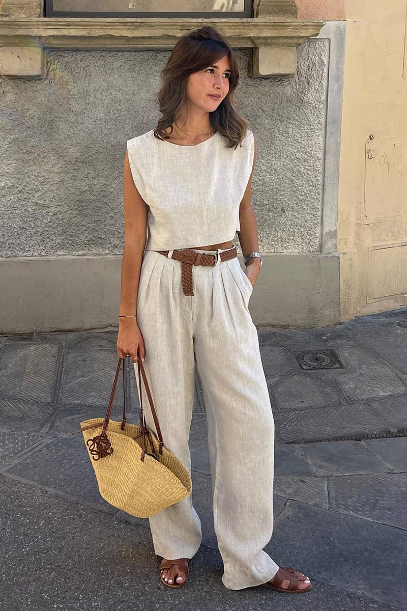 NINEXIS - Wholesale Top & Pant Set (NOT Loungewear) - Women's - CWSTB1800_LINEN SLEEVELESS TOP & WIDE LEG PANTS SET13