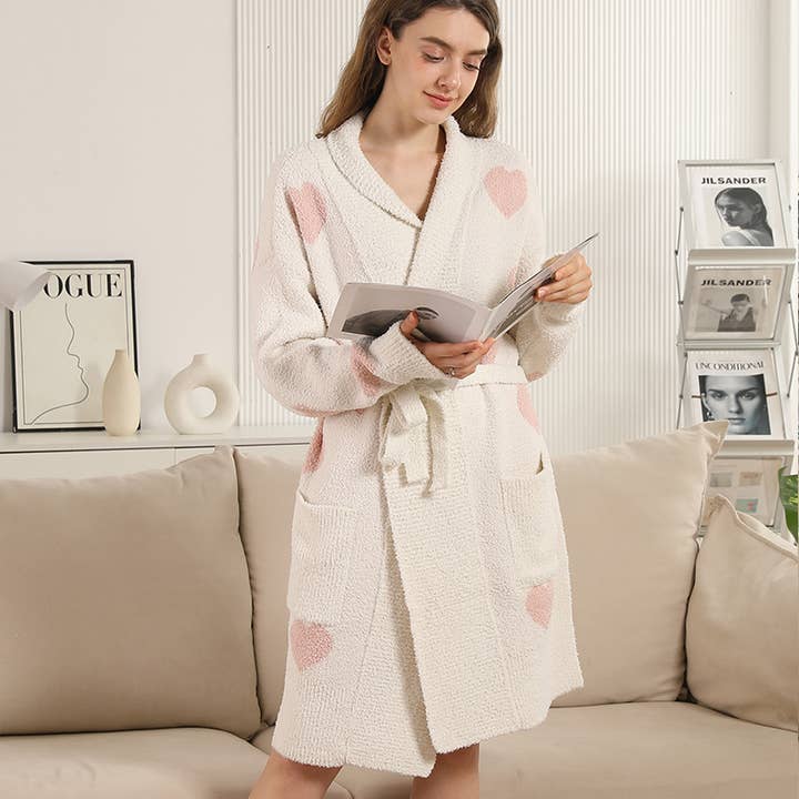 PINK Heart Pattern Soft Robe with Front Pockets for wholesale on Faire7