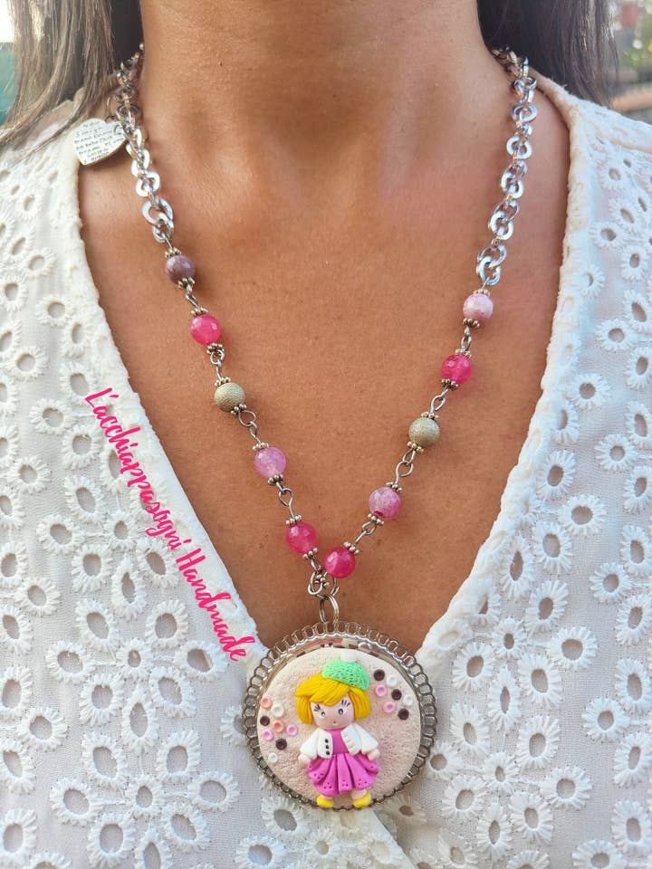 Parisian doll necklace for wholesale by Acchiappasogni Handmade
