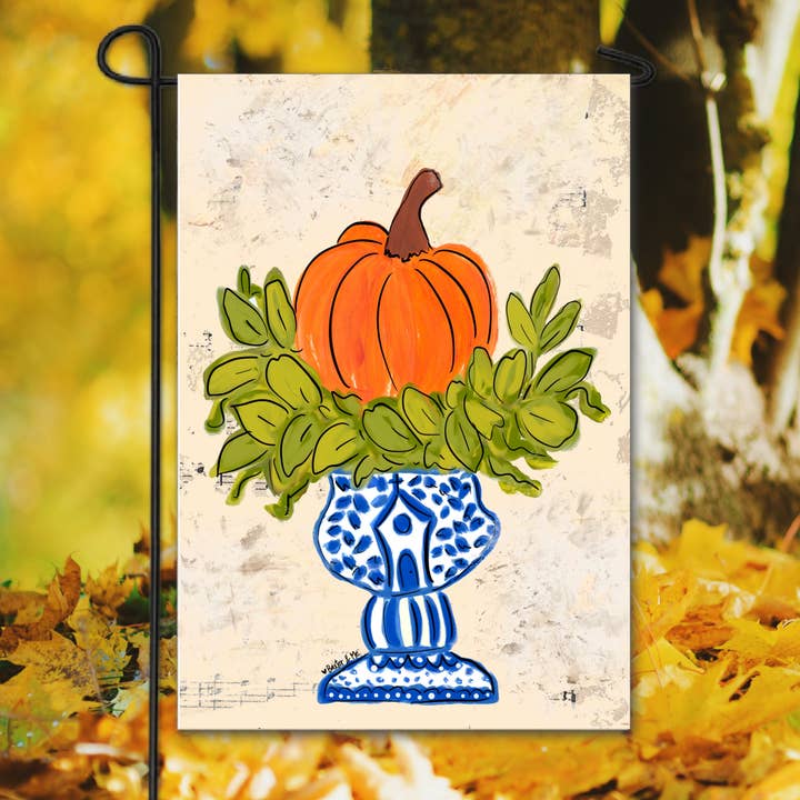 Pumpkin in Blue Willow Planter Garden Flag for wholesale by Baxter & Me
