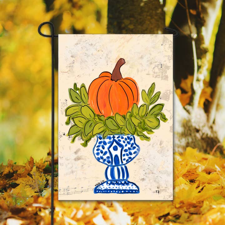 Baxter & Me - Wholesale Flag - Pumpkin in Blue Willow Planter Garden Flag