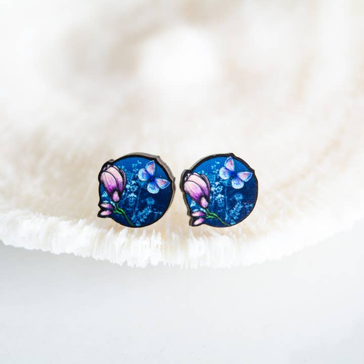 Deep Twilight Evening butterfly earrings, Titanium Eco Studs for wholesale by The Slug And Kraken