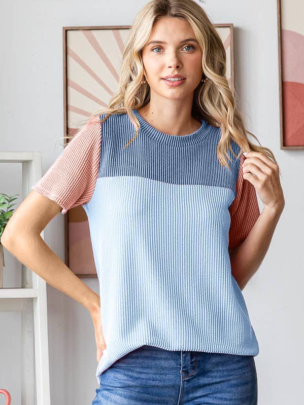 7th Ray - Wholesale Knit Top - Women's - Color Block Ribbed Women's Knit Top T5618