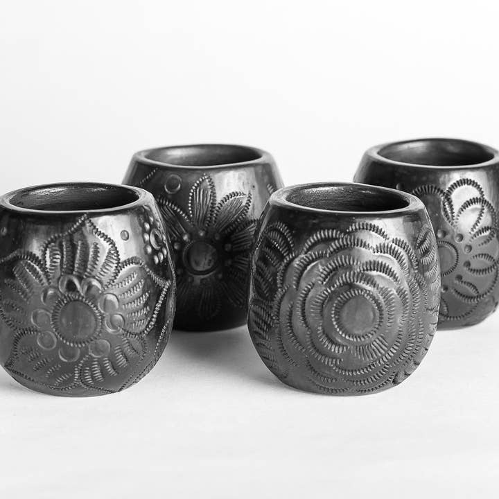 MEXTEQUIL - Wholesale Shot Glass - Black Clay Mexican Shot Glasses - Set of 4 - 2 Oz -Barrel