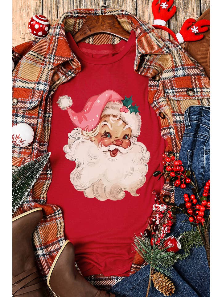 Red LDC Christmas Santa Claus Print Crew Neck T Shirt for wholesale on Faire