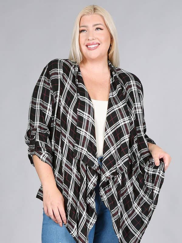 Plus Size Rayon Plaid Waterfall Cardigan for wholesale by Haute Fox Plus Size & Contemporary