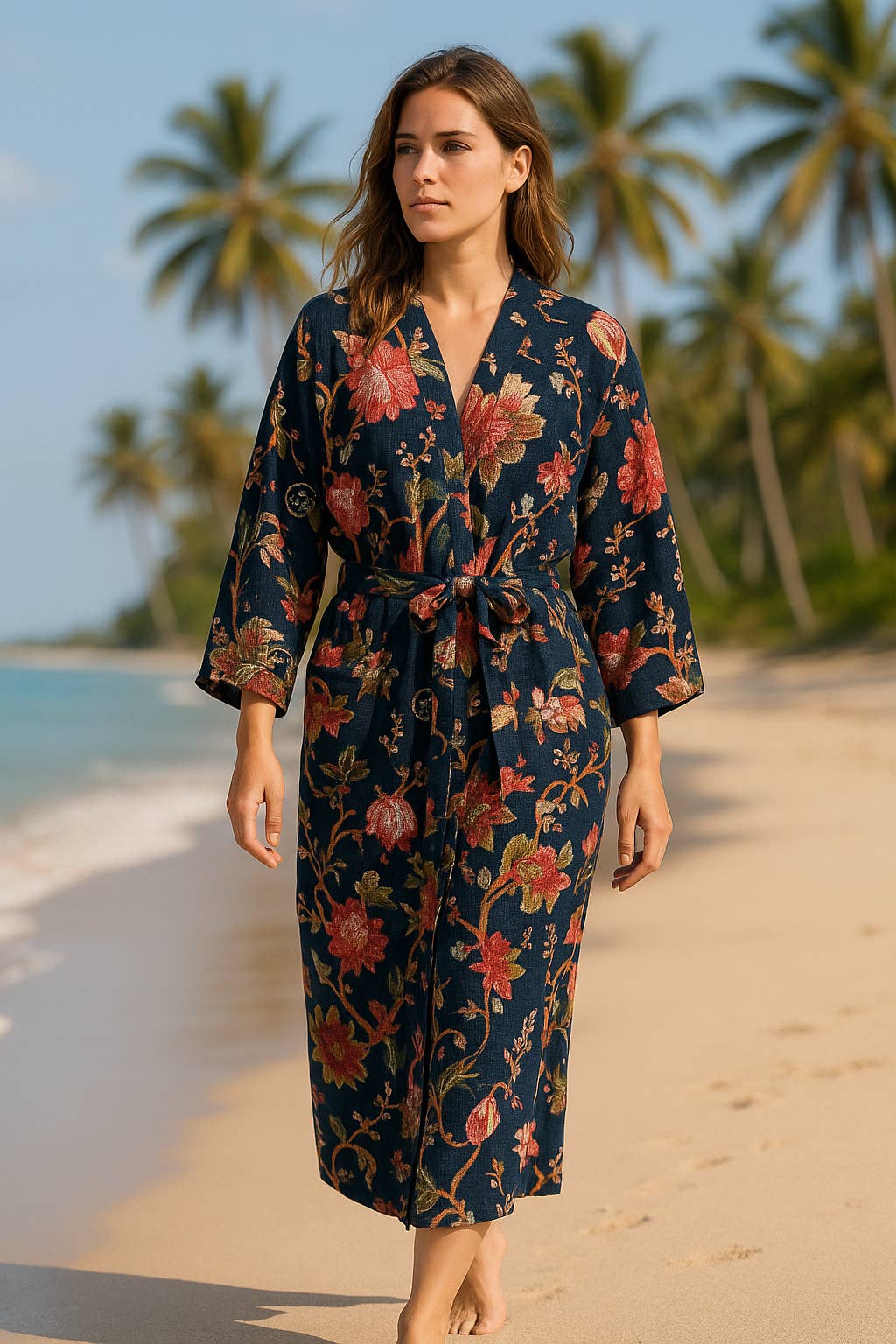 Glamthread - Vente Peignoir – femme - Kimono Peignoir Fleuri Bleu Nuit | Vêtement de Détente en Coton Gaufré