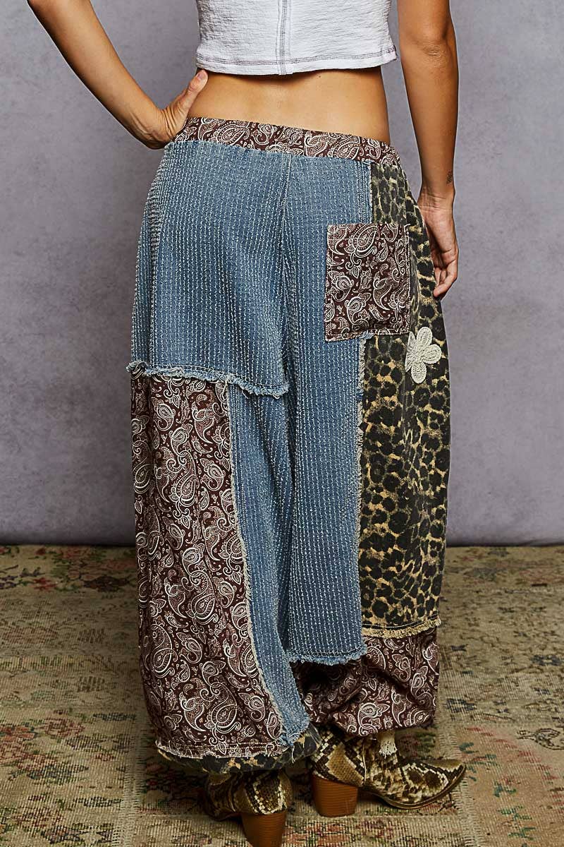 Pol Clothing - Wholesale Pants - Women's - Crochet patch detail contrast patchwork printed woven pants49