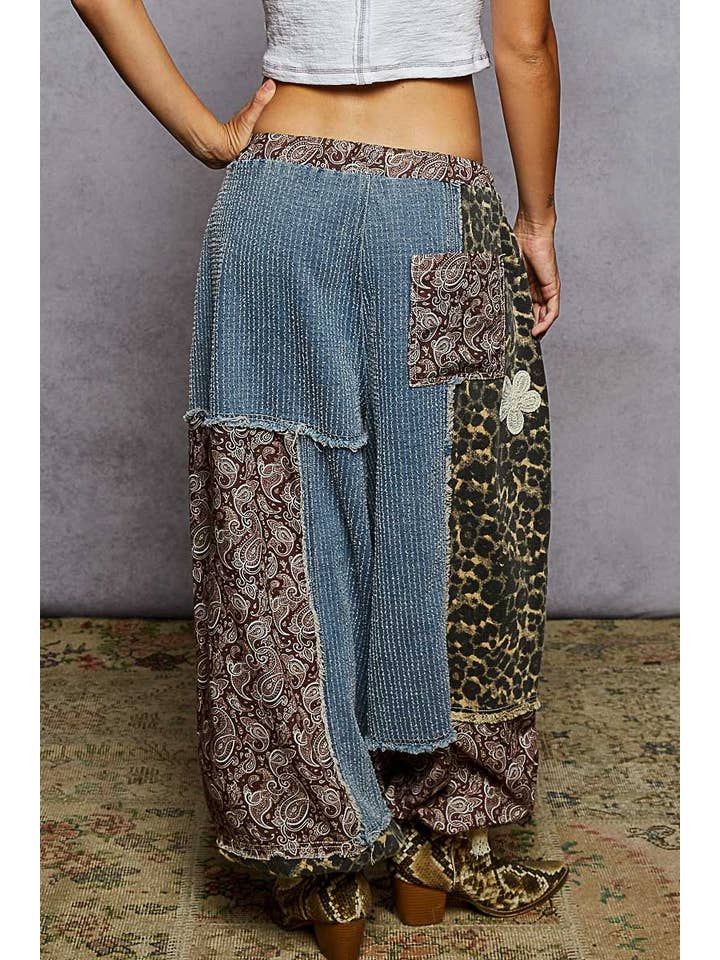 Pol Clothing - Wholesale Pants - Women's - Crochet patch detail contrast patchwork printed woven pants49