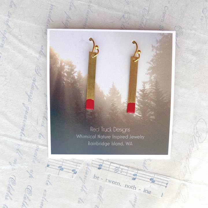 Red Truck Designs - Wholesale Dangle Earrings - "A Perfect Match" Matchstick Earrings Gold Bar Earrings
