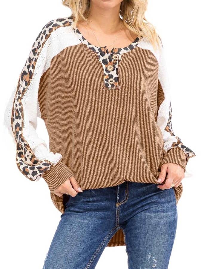 Rib Knit Leopard Lace Sleeve Detail Pullover Top for wholesale by Vanilla Monkey