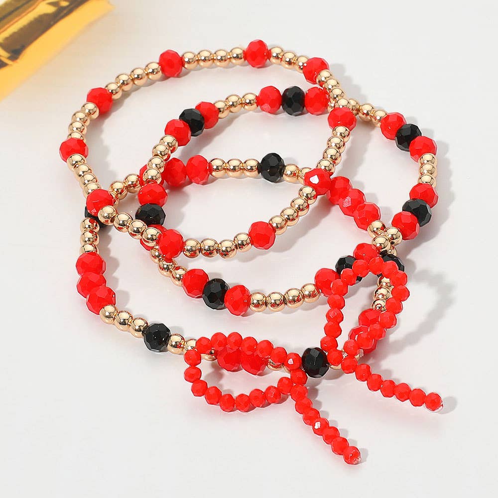 Sensibling Corp. - Wholesale Jewelry Set - 3PCS - Sports Team Theme Colored Bow Accent Faceted Beaded Stretch Multi Layered Bracelets9