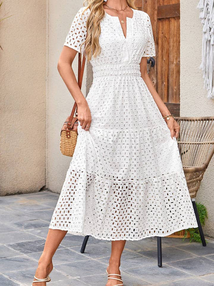 Vestido midi de manga curta com decote em V por atacado de Mccolin