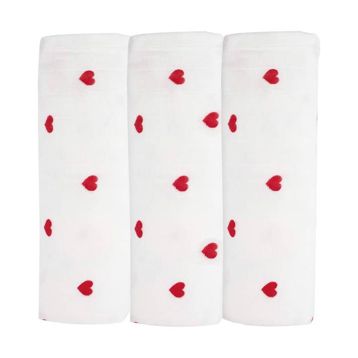 Set of 3 baby muslin cloths 70x70cm - Red Hearts for wholesale by Trois kilos Sept