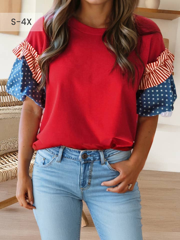 Plus Size Stars Stripes Short Puff Sleeve Top (S-4X) for wholesale by 66DISCO