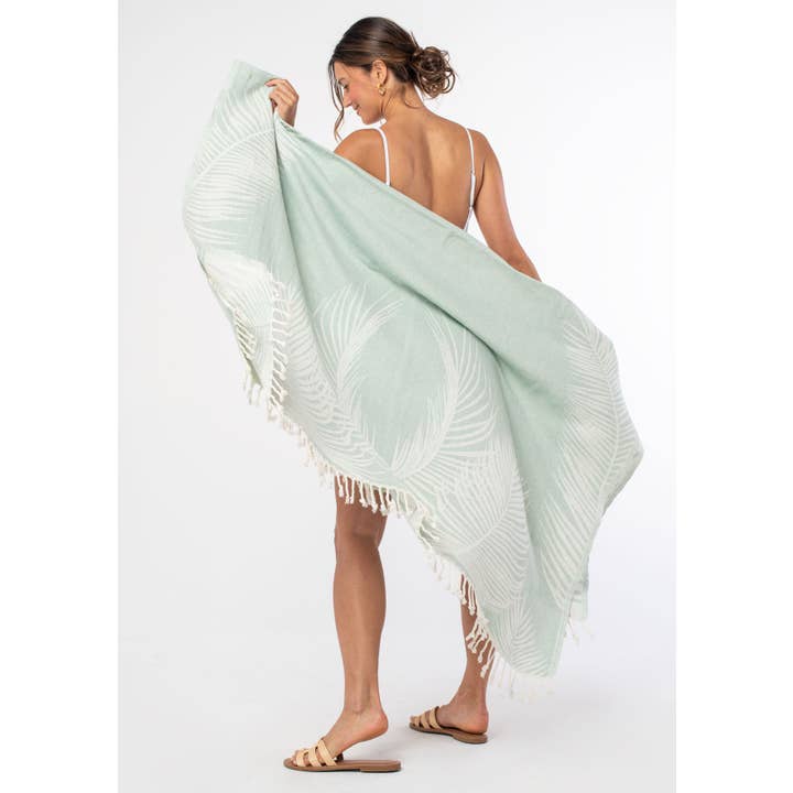 Teal Natural Leaf Pattern Oversized Beach Towel for wholesale on Faire2