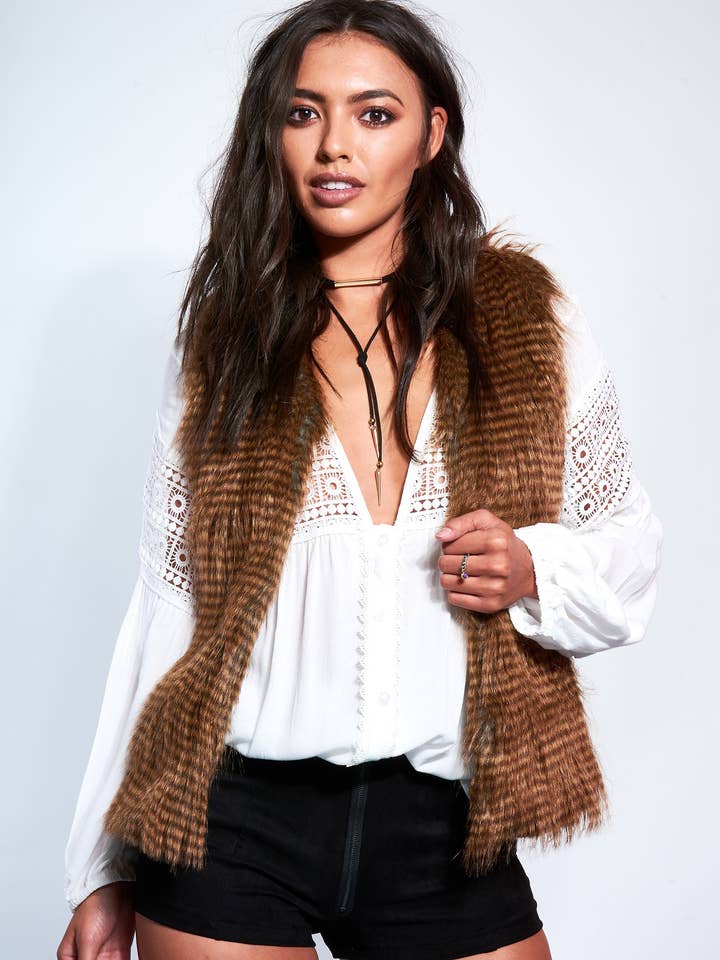 LMS Sleeveless Faux Fur Gilet With Satin Side Inserts for wholesale by LoveMyStyle