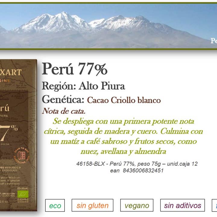 Eat Spain - Vente Chocolat - Chocolat noir biologique Blanxart, origine unique, Pérou, 100%