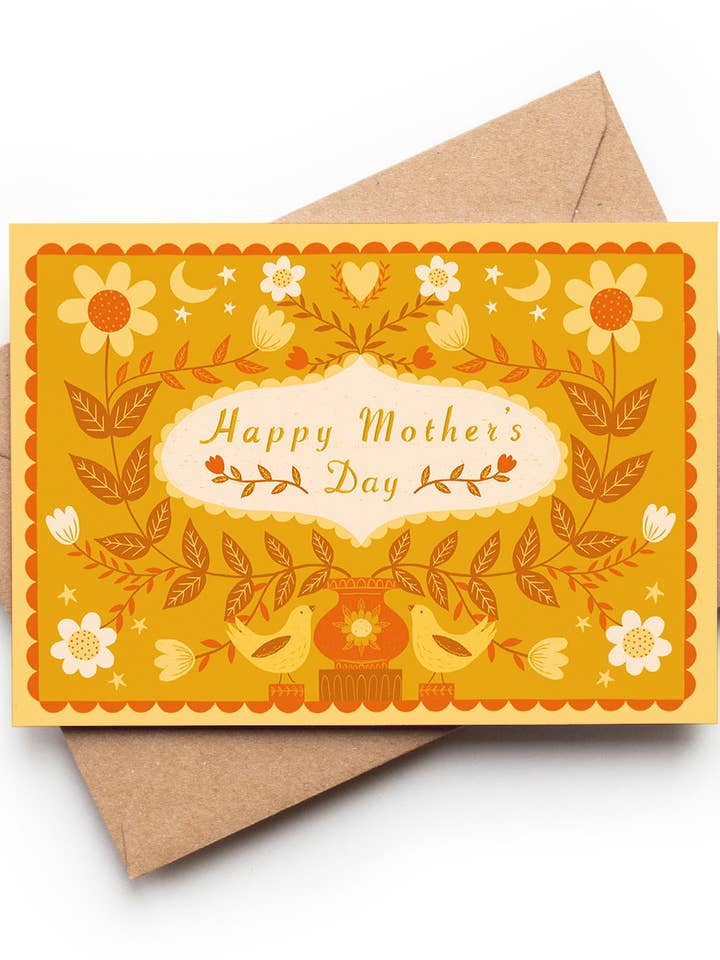 Mother's Day Card/ Yellow Folk Inspired A6 Card for wholesale by Su Owen