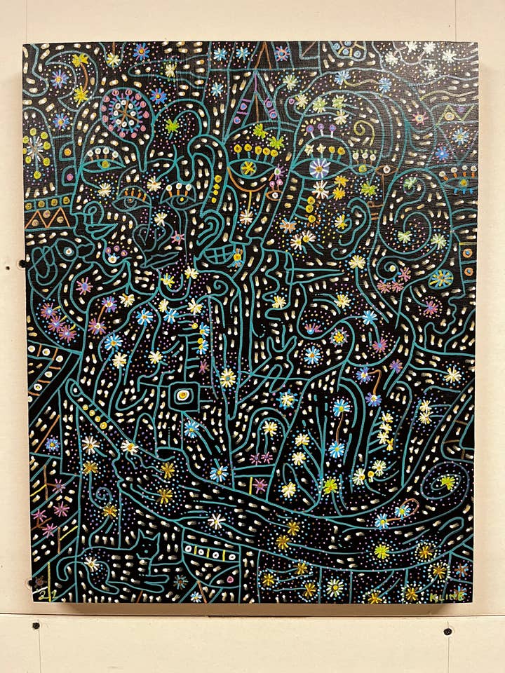 Dwalend in stilte. Acryl en olie op hout. 16" x 20" Moderne kunst. John Kline. Wanddecoratie. Interieurontwerp. zwart. Paars. Lijncadeau voor wholesale door John Kline Artwork