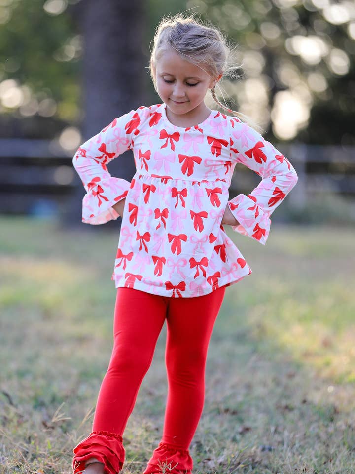 Baby Girls Valentine’s Bow Print Long Sleeve Ruffle Set for wholesale by Rylee Faith Designs