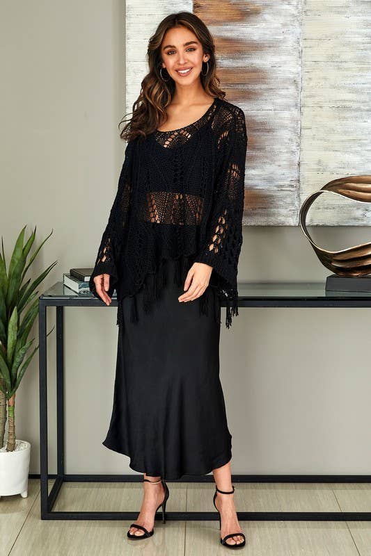 VENTI6 - Vente Poncho – femme - PONCHO COUVRE-ÉPAULES À ÉPAULES DÉTENDUES EN CROCHET AVEC FRANGES (72063)3