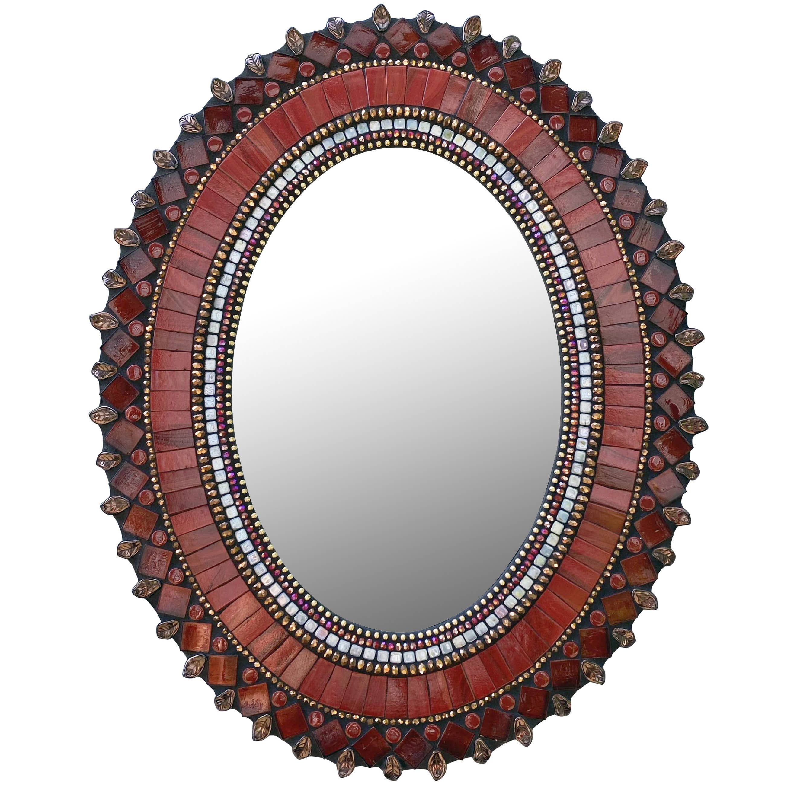 Zetamari Mosaic Artworks - Wholesale Wall Mirror - Oval/Round: Brick Red Leaf0
