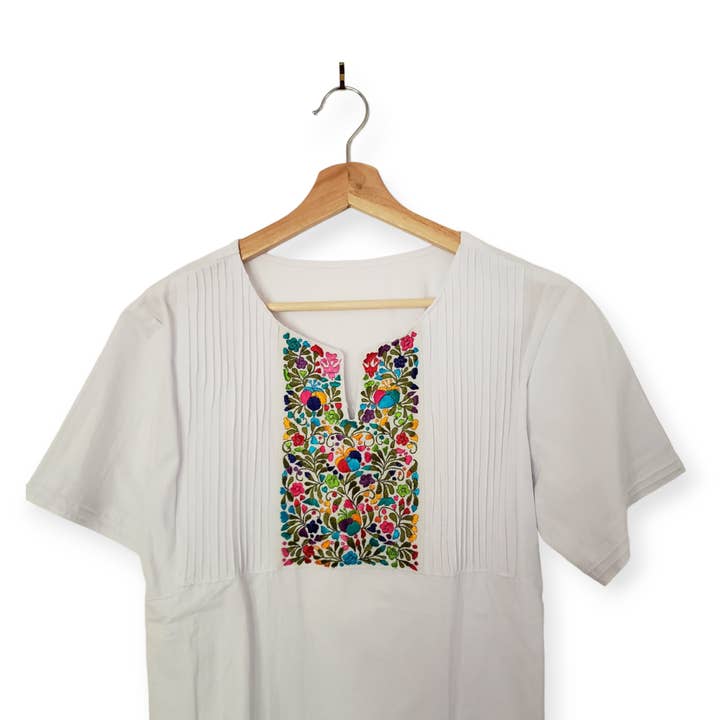 The Little Pueblo - Wholesale Blouse - Women's - Traditional Mexican Embroidered Pleated Shirt Floral Top Blouse Handmade Oaxaca Floral