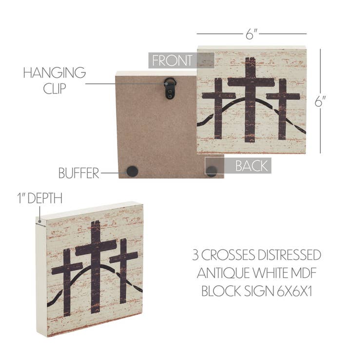 VHC Brands - Wholesale Sign - Celebrate Grace 3 Crosses Distressed Antique White MDF Block Sign 6x6x15