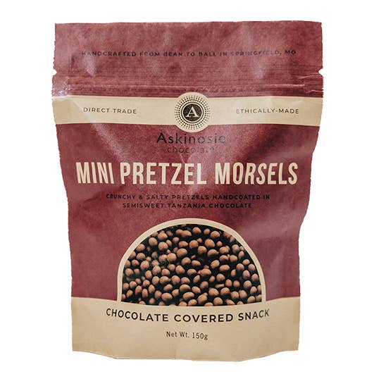 Askinosie Chocolate - Wholesale Chocolate Covered Sweets - Chocolate Covered Mini Pretzel Morsels (6 pouches)