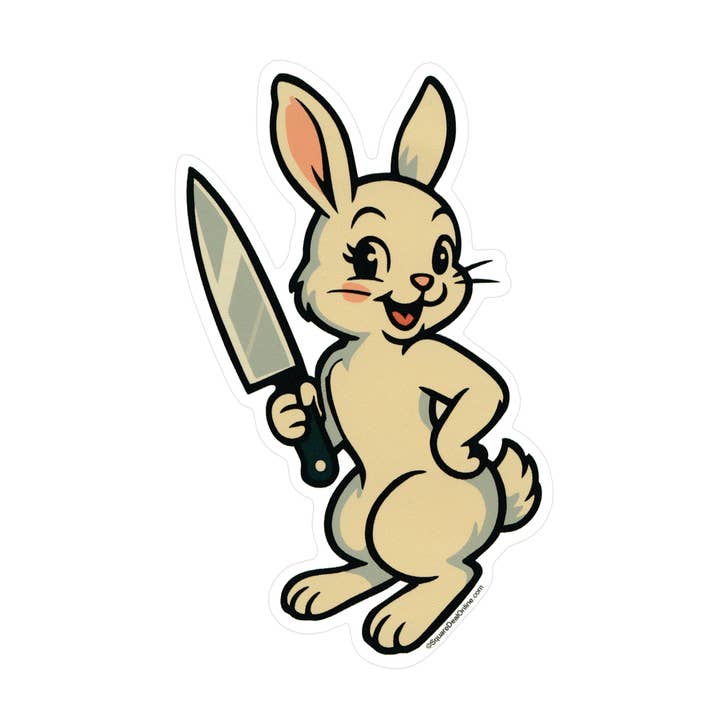 Sticker - Mischievous Bunny Holding Knife Retro Style 4.5" for wholesale by Square Deal Recordings & Supplies