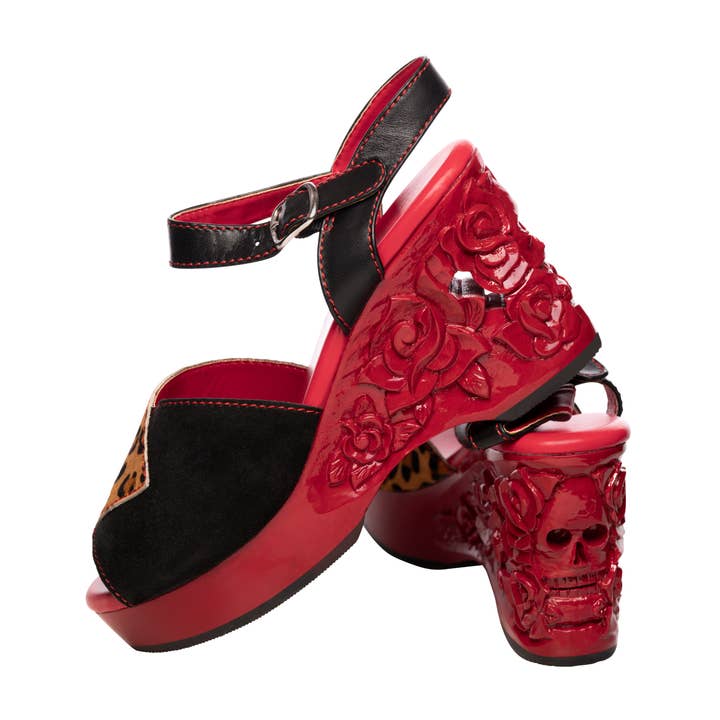 Lucky Lou Shoes - Wholesale Platform Heels - Women's - the Momento Mori - in Black and Leopard on Red