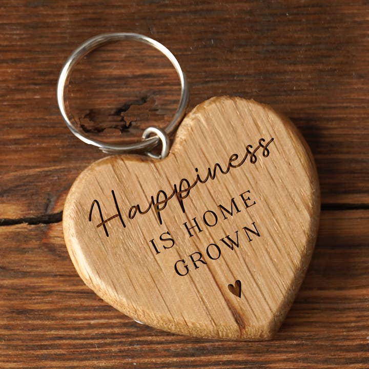 Bramble Farm 'Happiness Is Home Grown' Oak Heart Keyring for wholesale by CGB Giftware