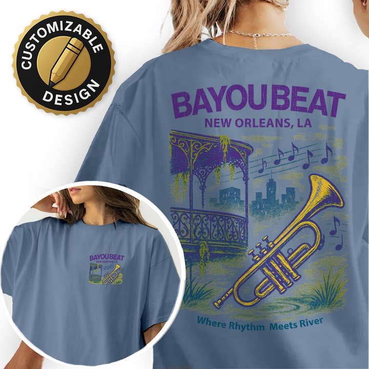 Camiseta Bayou Beat New Orleans – T-shirt de Trompete de Jazz, Souvenir à Beira do Rio, Camiseta Vintage do Bairro Francês por atacado de Textile Graphix