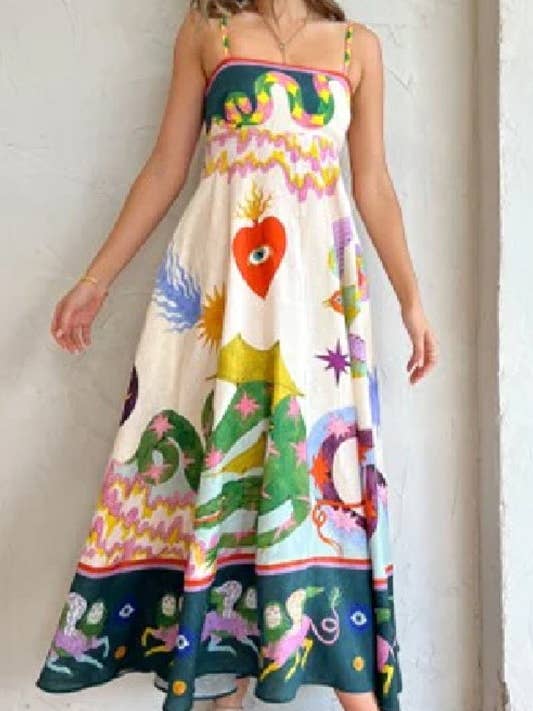 wonderland print swing strap fairy midi dress for wholesale by Rosa Clothing