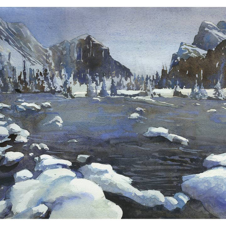 Snowy bjerglandskab kunst. Akvarel maleri snedækkede bjerge stream landskab kunstværk blå for engroshandel hos Ryan Fox Fine Art