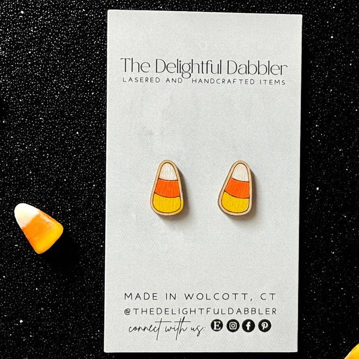 Candy Corn Wood Stud Earrings – Hand-Painted Fall Jewelry for wholesale by The Delightful Dabbler LLC