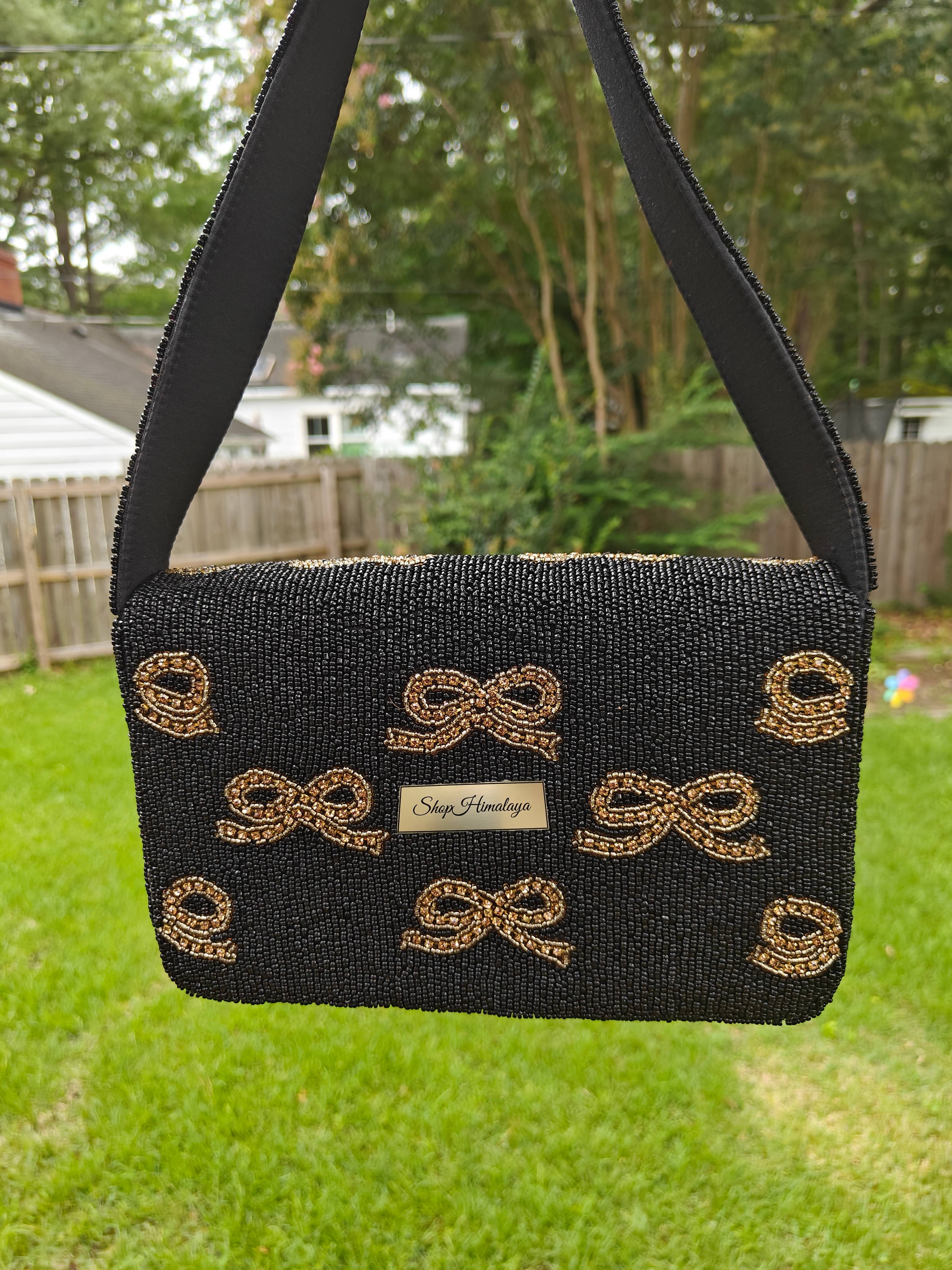 ShopHimalaya - Wholesale Shoulder Bag - Women's - Black Beaded Shoulder Bag with Gold Bow Embroidery1