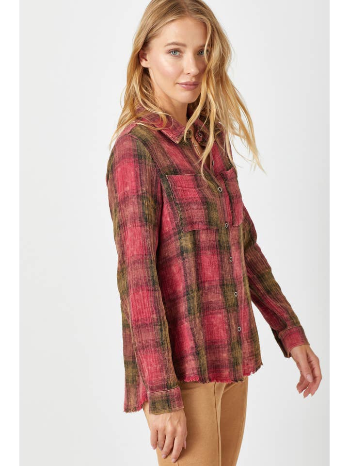 Mystree - Wholesale Button Down Shirt - Women's - 60294 Fringe Bottom Washed Plaid Shirt