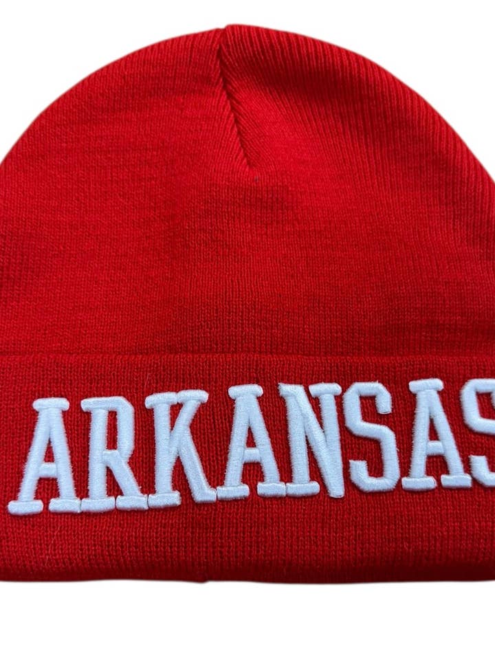 happy state co red arkansas text knit beanie hat cap cold for wholesale by Happy State Co