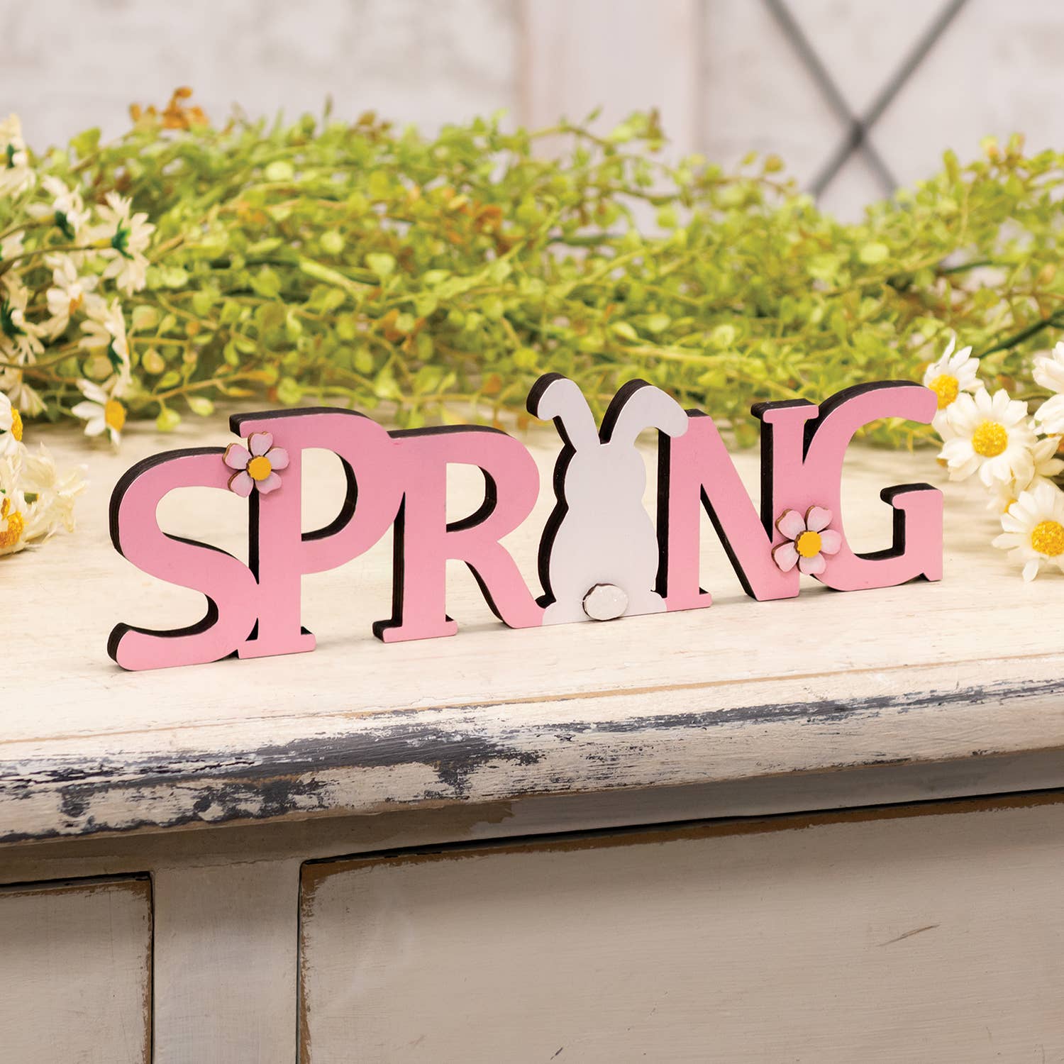 The Hearthside Collection - Wholesale Decorative Tabletop Object - Pink Spring & Bunny Cutout Wood Sitter1