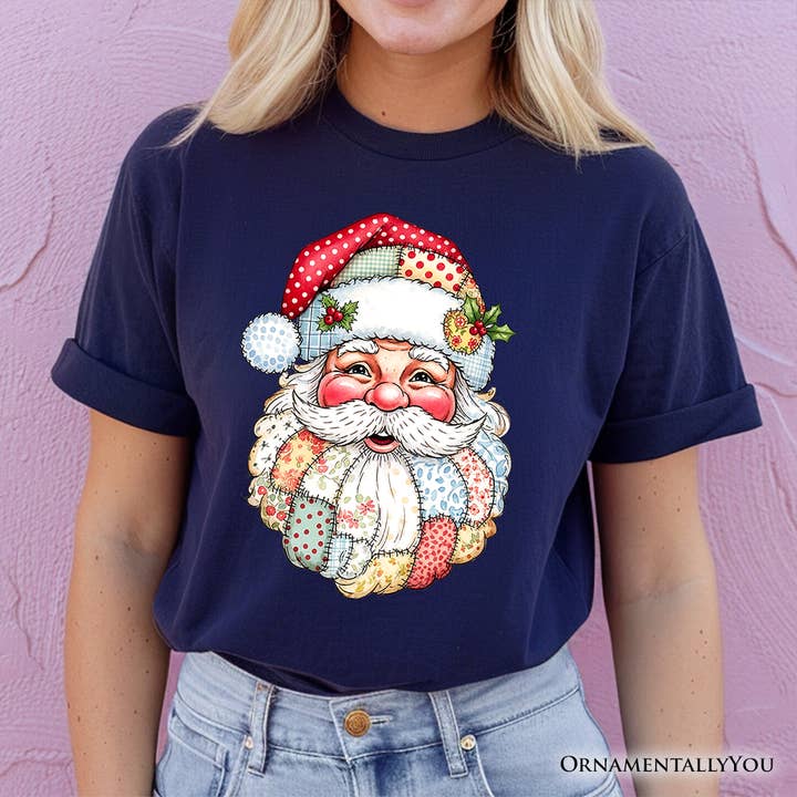 OrnamentallyYou - Wholesale T-Shirt (Graphic) - Women's - Patchwork Santa Claus T-Shirt, Retro Christmas Holiday Tee4