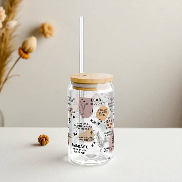 EMESLY - Wholesale Drinking Glass/Cup - Fearless & Fierce Motivational Sipper Glass Tumbler; 16oz3