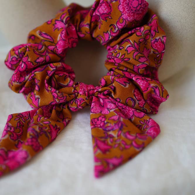 Dahlia Rose and Ochre Bow Scrunchie for wholesale by Bohomane
