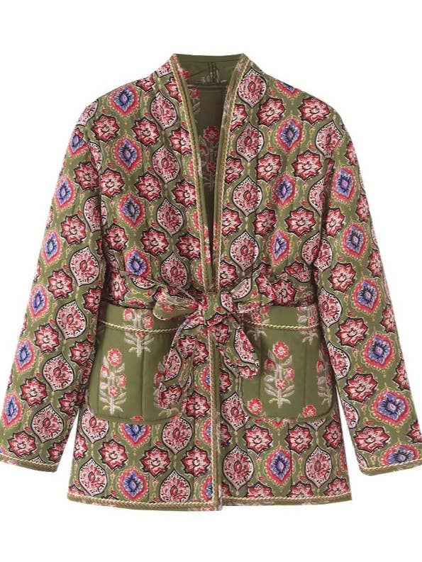 Retro Print Lace-Up Reversible Cotton Jacket for wholesale by Rosa Clothing