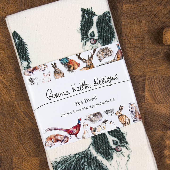 Border Collie Dog Hand Printed Tea Towel for wholesale by Gemma Keith Designs